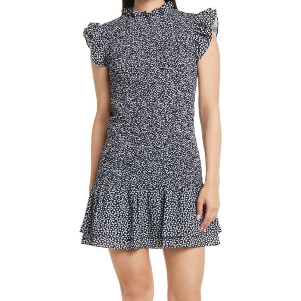 French Connection Black and White Printed Ruffle Mini Dress